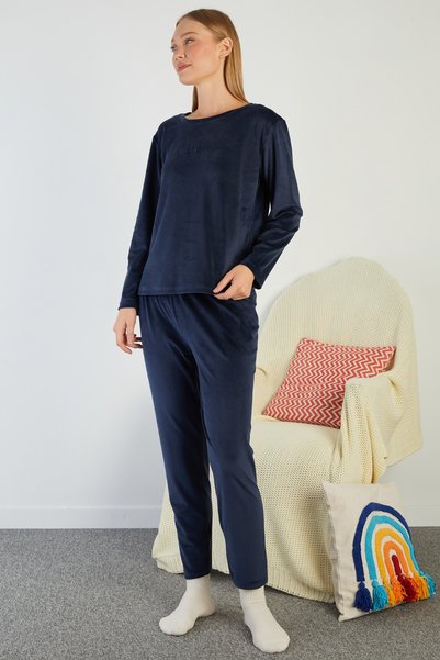 Fulla Moda Set de pijamale din catifea cu imprimeu în relief I Love Winter