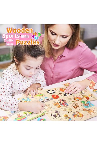 JOYZZZ ألغاز خشبية، مجموعة من 3 ألعاب تعليمية للأطفال الصغار بتصاميم حيوانات ومركبات، تعليمية
