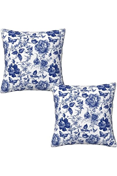 Tazweeq 2 Pcs Blue and White Porcelain Floral Butterfly Pillow Cover, 45 x 45...