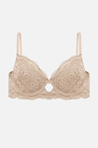 Wonna 2451 Rubber Strip Detailed Push up Lace Low-Cut Bra Stone