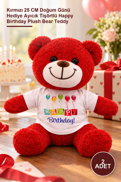 Yenilig 2 Plush Bears – Red 25 cm Birthday Gift Teddy Bear with T-Shirt Happy...