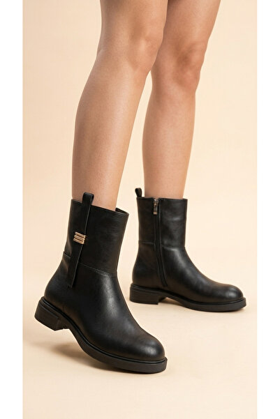 Moda Lime Women's Leather-Look Short Heeled Casual Boots with Metal Accessories