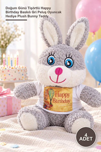 Yenilig 4 Pieces of Plush Rabbit - Happy Birthday Printed Gray Plush Toy with...