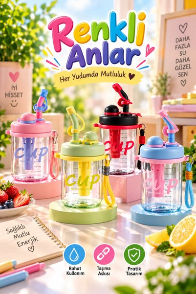House Bird Renkli Pipetli Çocuk Suluğu Askılı Şeffaf Su Matarası Okul ve Günl...