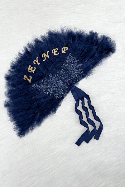 ZEYMERADE Navy Blue Bridal Fan, Sparkling Vip Pine Burl Wood Feathered, Bache...