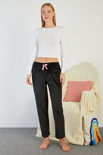 Fulla Moda Velvet Pajama Bottoms with Bow and Elastic Waistband