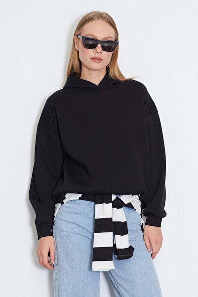 Fulla Moda 3 İplik Nervürlü Kapüşonlu Oversize Sweatshirt
