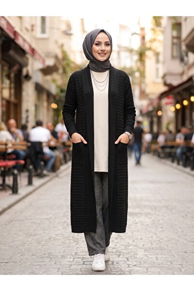 Kadın Kuşaklı Uzun Örme Cepli Selanik Doku Triko Hırka