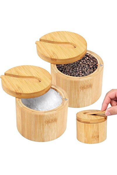 ALMEKAQUZ 2PCS Bamboo Salt and Pepper Bowls, Divided Salts Cellar with Swivel...
