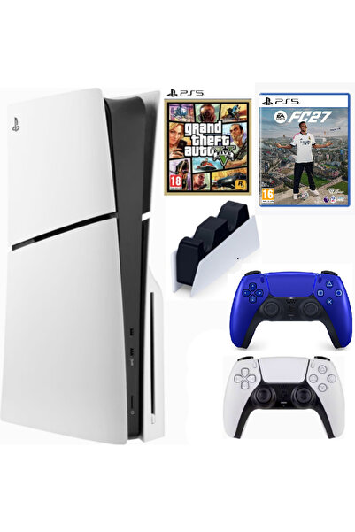 Sony Playstation 5 Slim Cdli + 2.kol Dualsense Cobalt mavi + Şarj İstasyonu + GTA 5 + PS5 FC27 (İthalatçı Garantili)