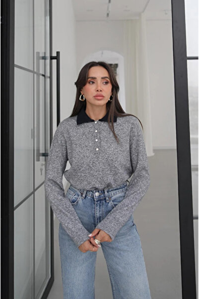 My Blog Rauchblaues Pullover mit farbigem Kragen - 261107