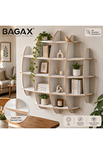 BAGAX MDF Dekoratif Duvar Rafı Kitaplık – Çok Bölmeli Duvara Monte Raf – Mode...