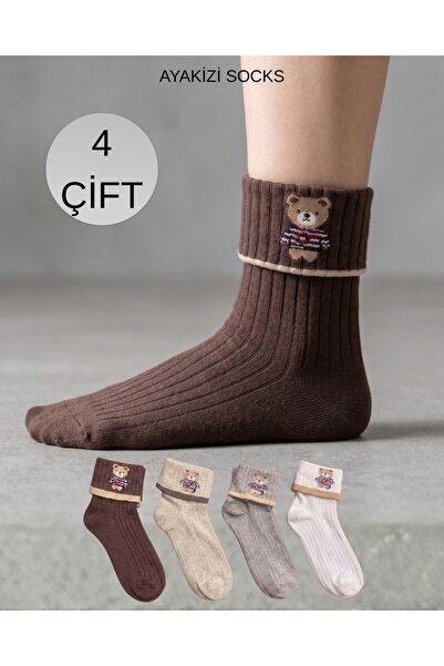 ayakizi socks Katlamalı Bot Çorabı 4'lü Ayıcık Çorap