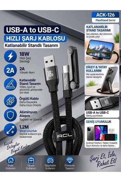 HİBOTEKNO Yeni Nesil Hızlı Şarj Kablosu PD 18W 2A 1.2mt USB-A’dan C’ye Katlan...