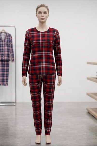 Ar-Me Ekoseli süet kadife uzun kol bisiklet yaka kırmızı kadın pijama takımı