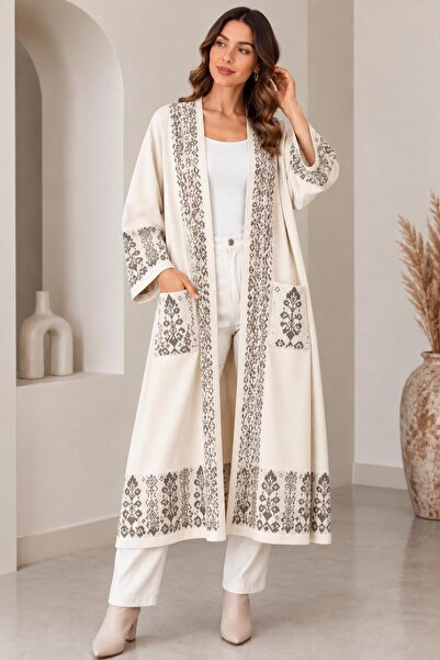 CNR TEKSTİL Women's Ethnic Patterned Oversized Long Knitwear Kimono Cardigan