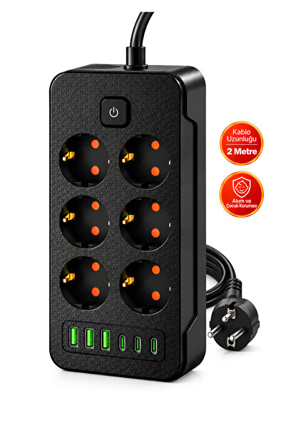 Dexmon 12' li Akım ve Çocuk Korumalı 6 Priz + 3 USB-A + 3 Type-C Şarj Çıkışlı...
