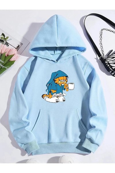 MITHRAS OUTDOORS سويت شيرت قطني كبير الحجم مطبوع عليه جارفيلد باللون الأزرق ا...