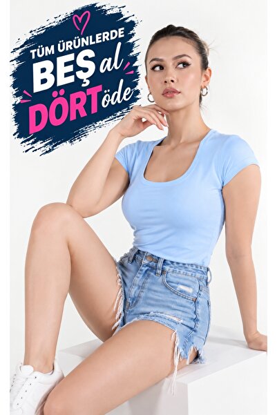 moda felinya KADIN KISA KOLLU KARE YAKA BEBE MAVİ RENK BODY T-SHİRT BLUZ
