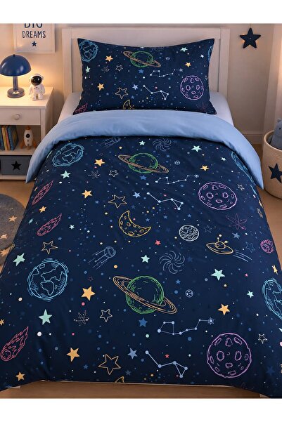 EVSEHOMES Uzay, Galaksi, Astronot Temalı, Tek Kişilik Nevresim Seti ( Çarşafsız)