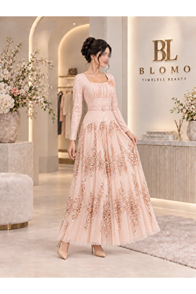 BLOMO Elegant Sequins Embellished Soft Pink Long Evening Dress with Belt and ...