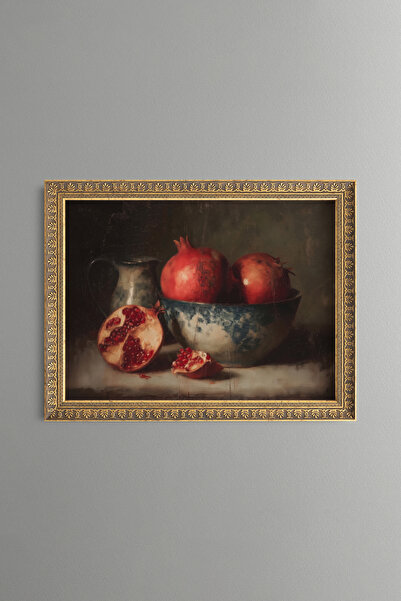epiqart Pomegranates in a Chinese-Style Bowl - Vintage Patterned Painting - F...
