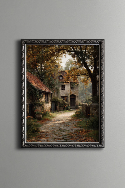 epiqart Stone Houses and Village Road in Autumn - Vintage Patterned Painting ...
