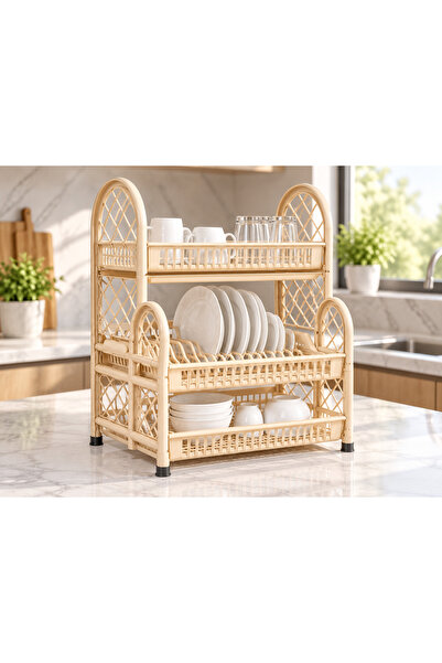 Dove Shelf Dish Storage Rack with Tray, Plastic Kitchen Dish Organizer, ,Beige