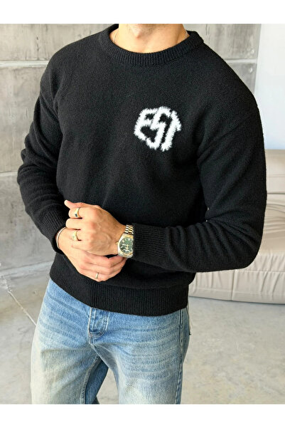 More Black Soft Textured Oversize Knitwear with Est Lettering