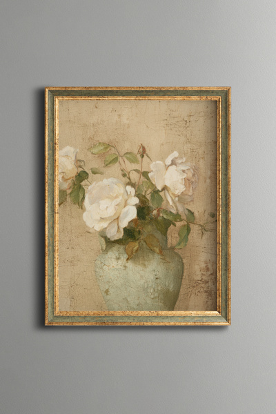 epiqart White Roses in Mint Green Vase - Vintage Patterned Painting - Fine Model