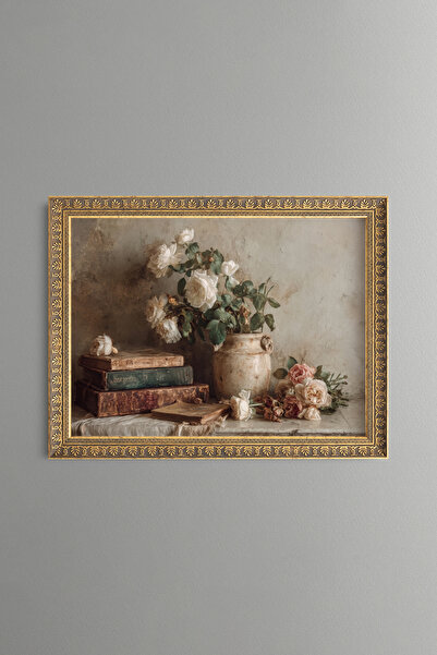 epiqart Books and Roses - Vintage Patterned Painting - Fine Model