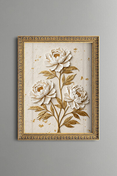 epiqart White Peonies with Golden Leaves - Vintage Patterned Painting - Fine ...