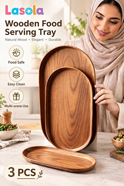 Generic طقم صواني متعددة الاستخدامات من البلاستيك بنقش خشبي، 3 قطع، للمنزل وا...