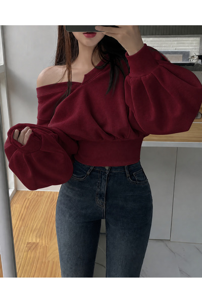 Machetta Women's V Detailed Wide Collar Balloon Sleeve Sweatshirt