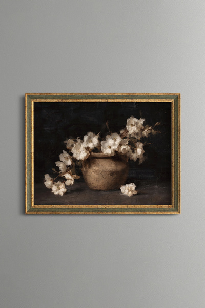 epiqart White Flowers in a Clay Vase - Vintage Patterned Painting - Fine Model