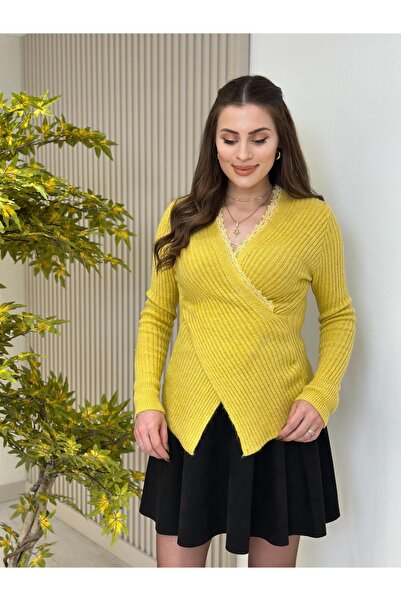 Hazel Butik Kadın Sarı Kruvaze Yaka Dantel Detaylı Fitilli Örme Kazak / Triko...