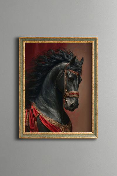 epiqart Black Horse Portrait - Vintage Patterned Painting - Fine Model