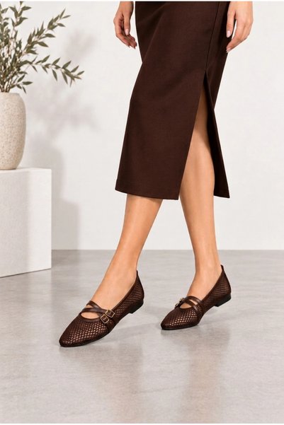 HT HOTİN Khora Women's Mesh Detailed Buckle Ballerina Shoes - Brown