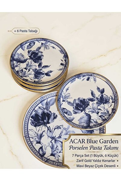 ACAR Freesia 6 Kişilik Gold Detaylı Porselen Pasta Servis Seti (7 Parça)