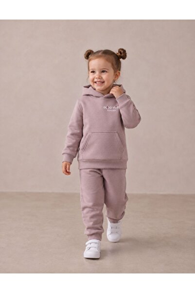 Kapüşonlu Kanguru Cepli Ön/Arka Baskılı Sweatshirt/Eşofman 3 İp Şardonlu Takım