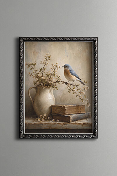 epiqart Blue Bird on a Flowering Branch and Old Books - Vintage Patterned Pai...