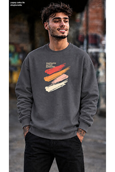 caddekombin Men's Fantastic Active Sunshine Brush Print Crew Neck Casual Regu...