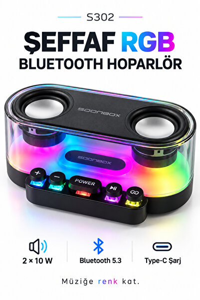 Fibaks S302 20W Şeffaf RGB Bluetooth 5.3 Hoparlör 2400 mAh Type-C Şarjlı USB ...