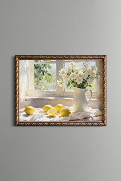 epiqart Lemons and White Flowers in Front of the Window - Vintage Patterned P...