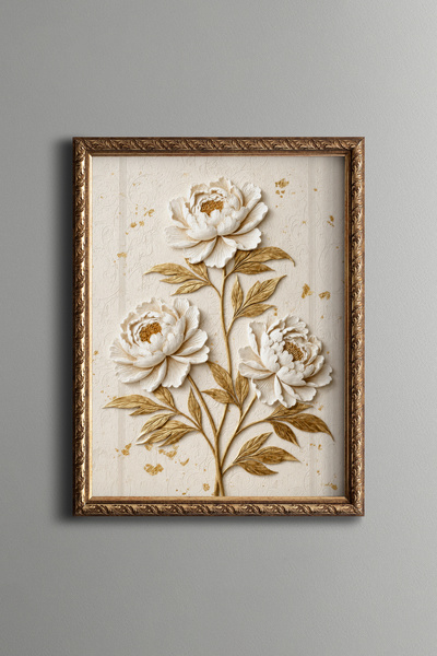 epiqart White Peonies with Golden Leaves - Vintage Patterned Painting - Fine ...