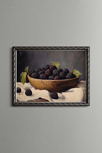 epiqart Blackberries in a Wooden Bowl - Vintage Patterned Painting - Fine Model