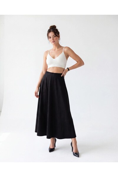 Womengrom Fame Women's High Waist Long Flared Suede Skirt