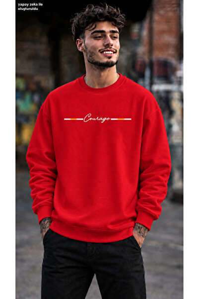 caddekombin Men's Courage Stripe Detailed Printed Crew Neck Casual Regular Fi...