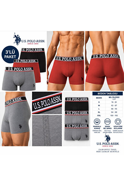 U.S. Polo Assn. Men's (Burgundy-Black-Anthracite Melange), 3 Pieces of Boxers