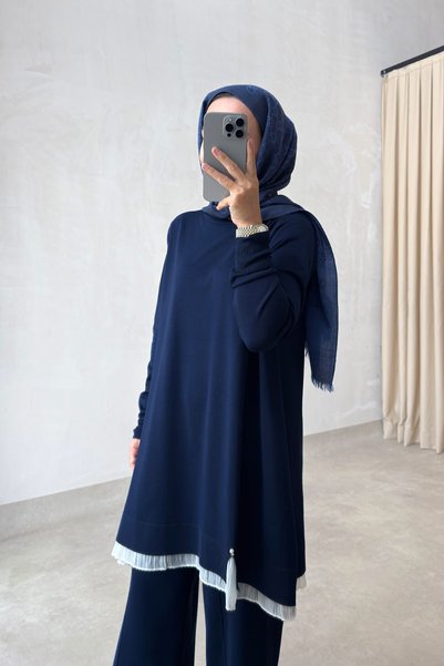Ka Hijab Costum Mercerize cu detaliu din tul la tivul fustei - Bleumarin